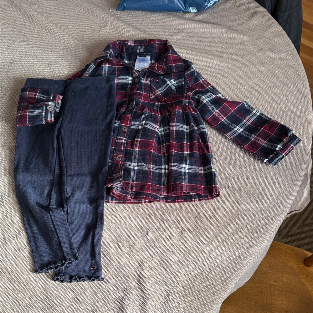 Tommy Hilfiger Maroon, Navy and White Plaid Shirt and Navy leggings